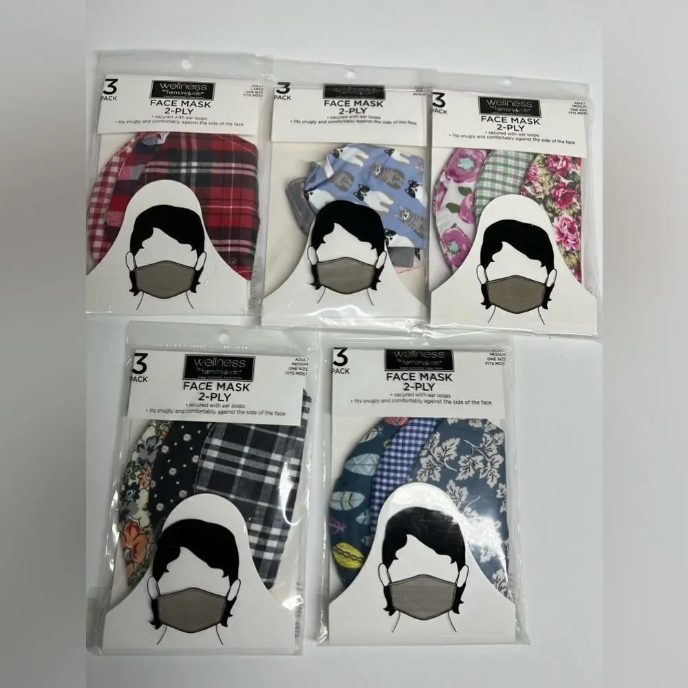 Bundle of 15 masks 2-ply, 1 pack adult size L, 3 - M, 1 kids size NWT